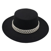 外贸法式礼帽女赫本风遮阳毡帽模特爵士帽珍珠链条优雅毛呢帽批发