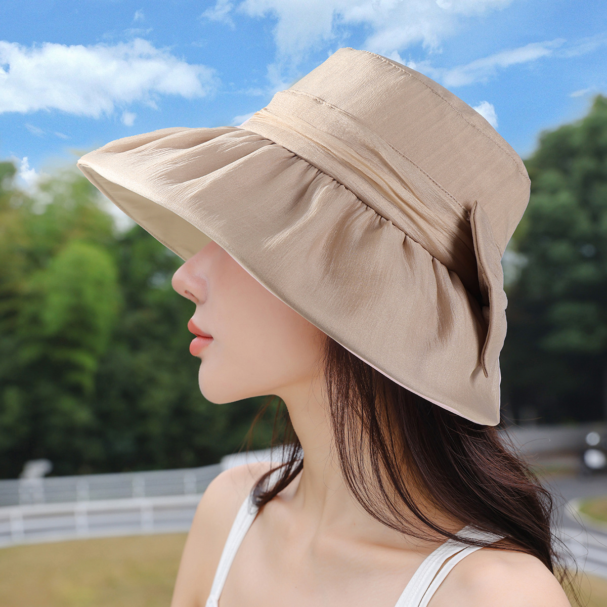 春夏季新款蝴蝶结大沿盆帽女户外出游时尚百搭渔夫帽休闲旅游帽子