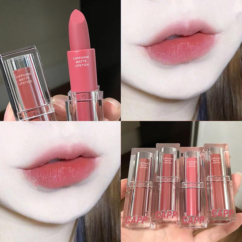 Cappuvini Transparent Acrylic Lipstick Matte Finish Romantic Lipstick Cinnamon Peach Oolong Student White