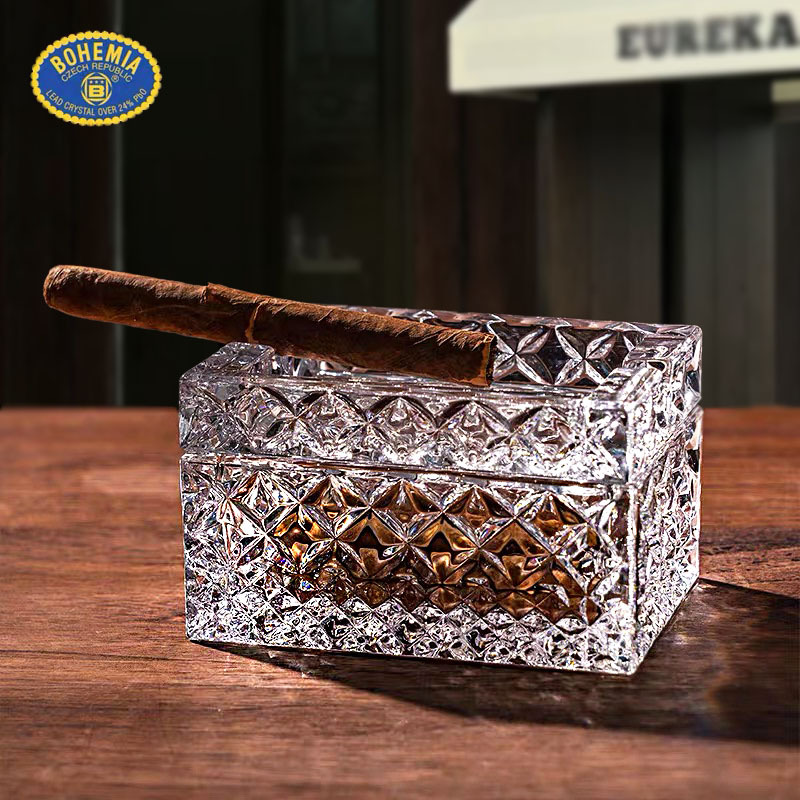 捷克进口bohemia水晶玻璃双层带盖家用办公室烟灰缸烟盒防灰欧式