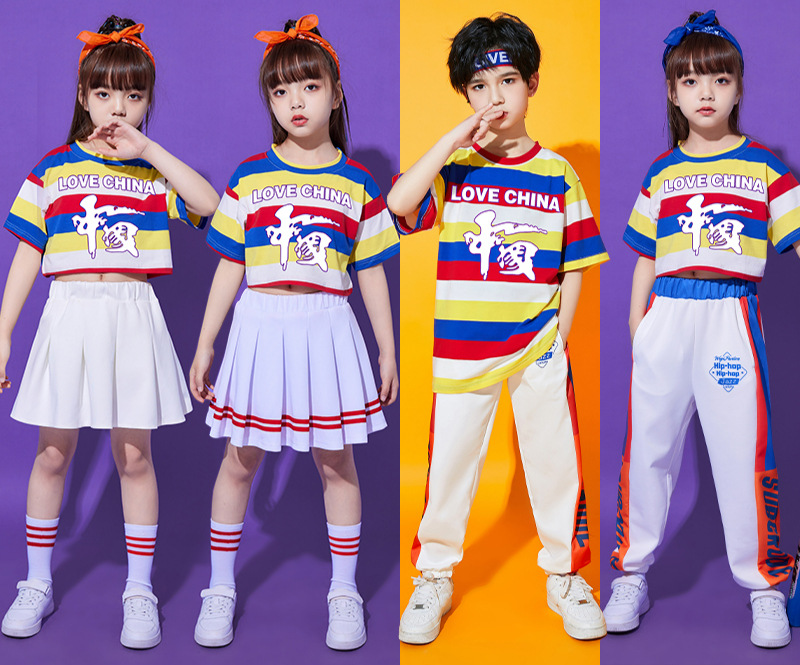 儿童啦啦队演出服幼儿园街舞潮服舞蹈表演服小学生运动会班服套装-阿
