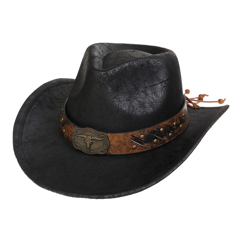 新款外贸美式风帽礼跨境西部牛仔帽复古仿皮裂纹毡帽藏式男女帽子