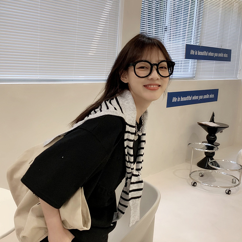 Korean Style Internet Hot Fresh Monochrome Thin Striped Shawl Office Air-Conditioned Room with Skirt Cheongsam Neck Protection Women