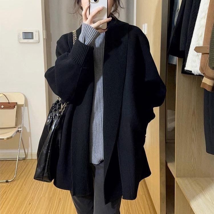 复古法式黑色毛衣外套开衫女秋冬季新款宽松慵懒风中长款针织上衣
