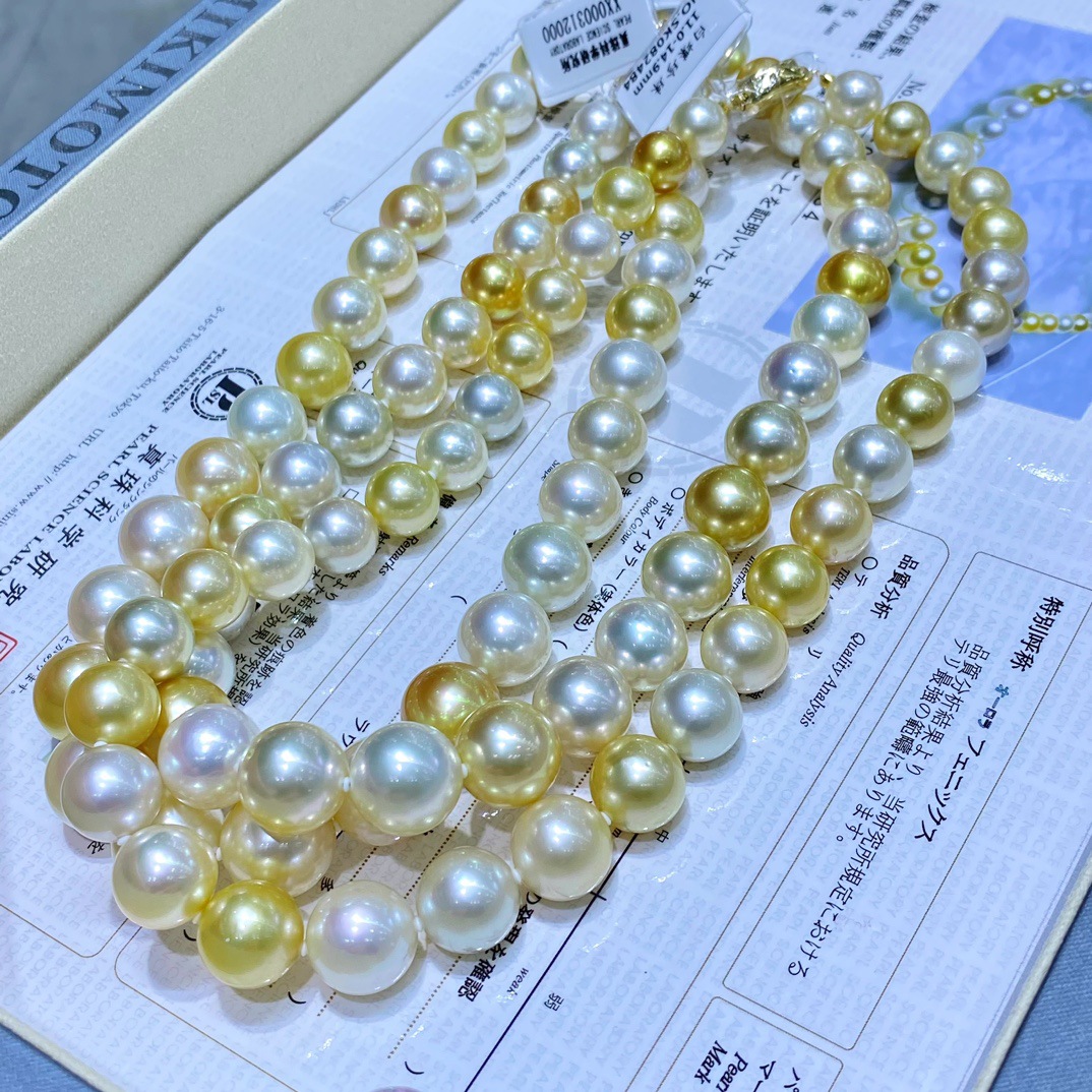 真科研高级别白蝶皇后正圆镜面光感珍珠链宝石光澳白与浓金珠搭配