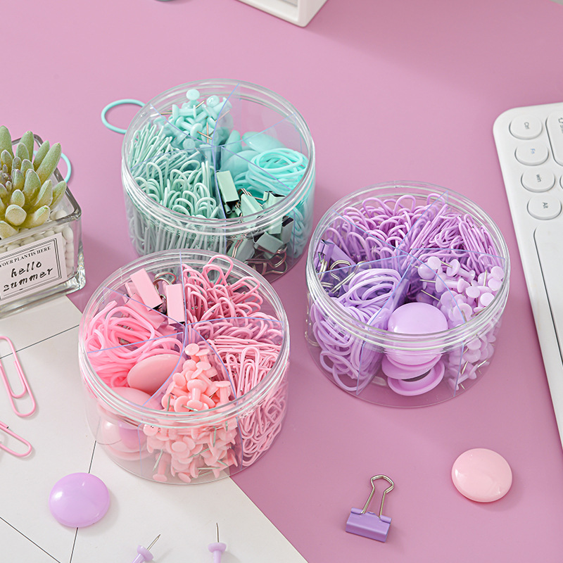 Macaron Color Six-Grid Barrel Pushpin More than Long Tail Clip Specifications Storage Set Clip Rubber Band Office Combination