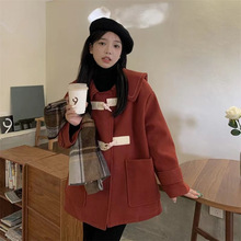 秋冬新款韩版通勤冬季加绒加厚文艺气质牛角扣甜美娃娃领毛呢外套