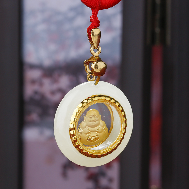 厂家直销黄金加厚金镶玉时来运转佛像玉坠 999足金镶玉和田玉