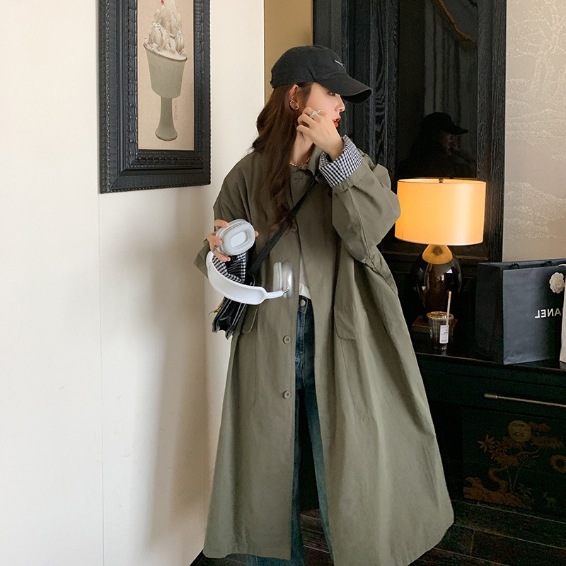 实拍率性设计感袖口格纹拼接宽松韩版墨绿色中长款显瘦风衣外套女