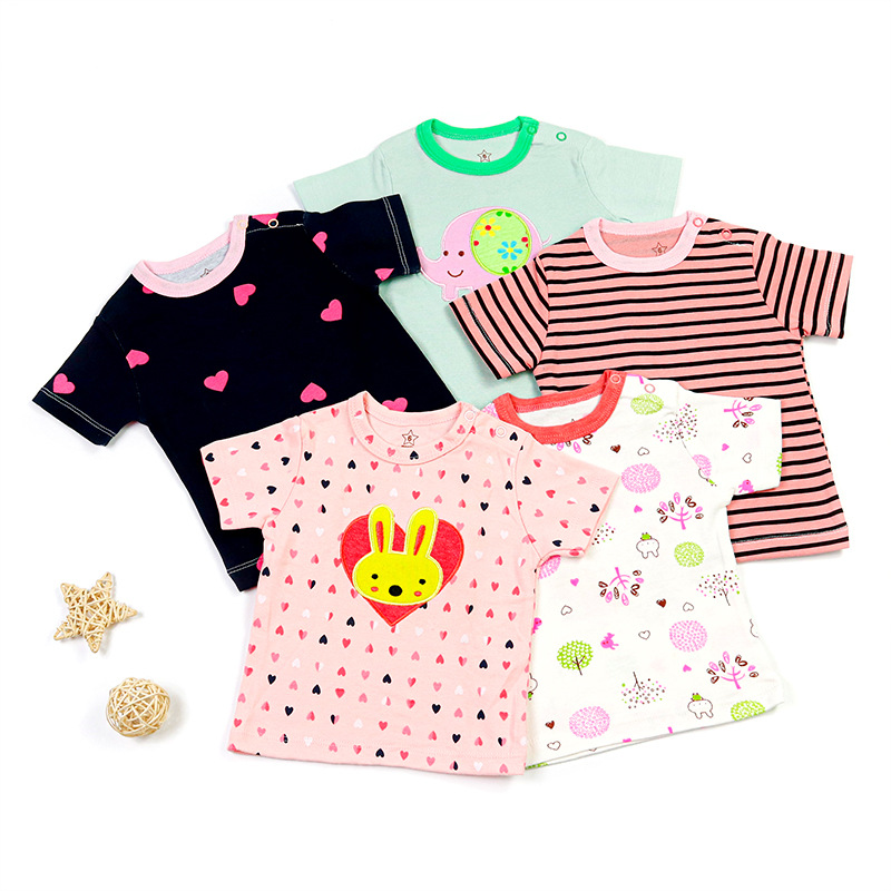 Cross-Border Foreign Trade Wholesale 2024 New Spring and Summer Clothing European and American Open Shoulder Rib Cloth Short Sleeves for Baby and Infants T-shirt 5 Pieces