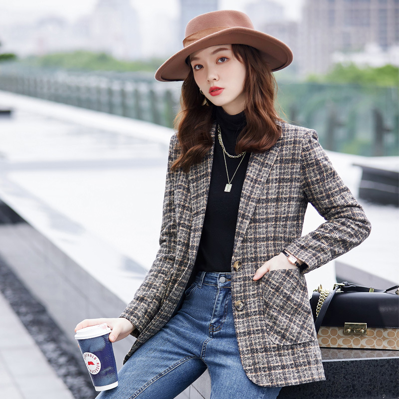 时尚格子小西装外套女2021秋季新款英伦风复古毛呢设计感西服上衣