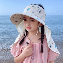 儿童帽子夏季宝宝冰丝空顶帽后开叉大檐印花披肩帽女童沙滩太阳帽