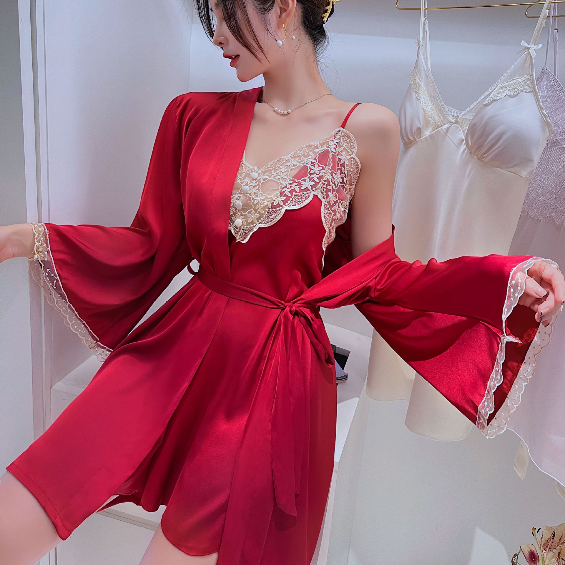 pajamas women‘s spring and summer new emulation silk nightgown long sleeve sexy sling nightdress women‘s ice silk palace style home wear