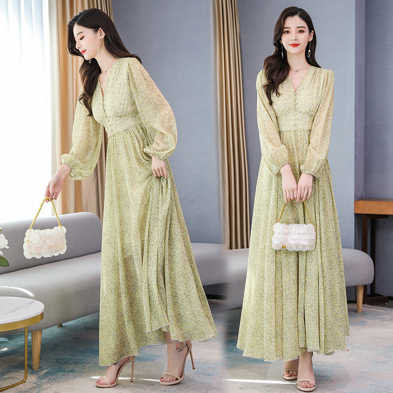 2021春夏新款 显瘦v领长袖法式桔梗浪漫优雅碎花长裙雪纺连衣裙