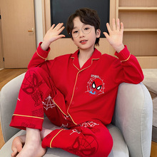 2024龙年儿童男孩睡衣春季开衫纯棉男童12岁红色本命年家居服套装