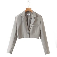 6975-2021秋季新款女装 欧美时尚纯色西装领短款露脐西装外套