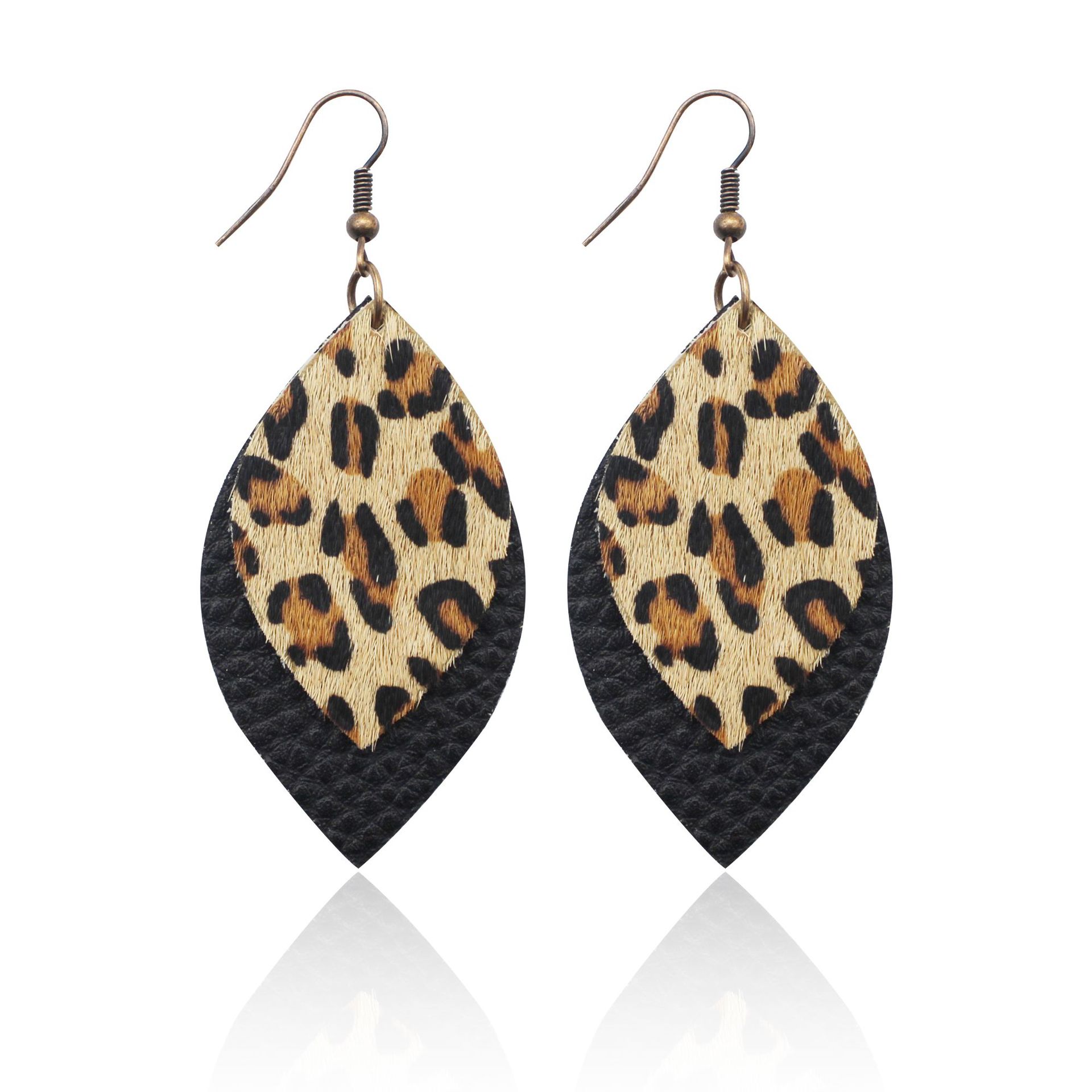 Genuine Leather Horsehair Leopard Print European and American Wind Black Lychee Pattern Double-Layer Leather Earrings Leaves Pu Earrings Cross-Border Amazon