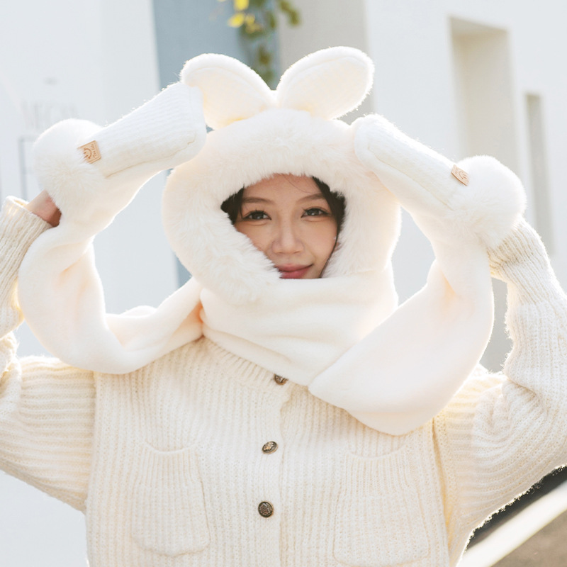 New Thickened Bear Hat Women's Winter Scarf Three-Piece Set Plush Cute Warm Scarf One-Piece Hooded Gloves