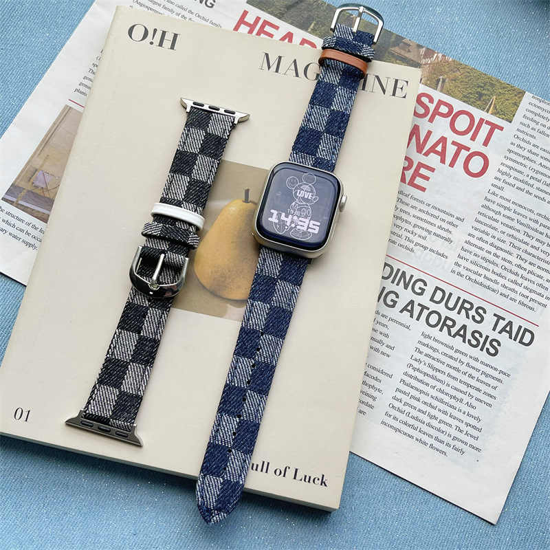 适用苹果s9手表带撞色网格中性风applewatch8763se代丹宁牛仔45mm