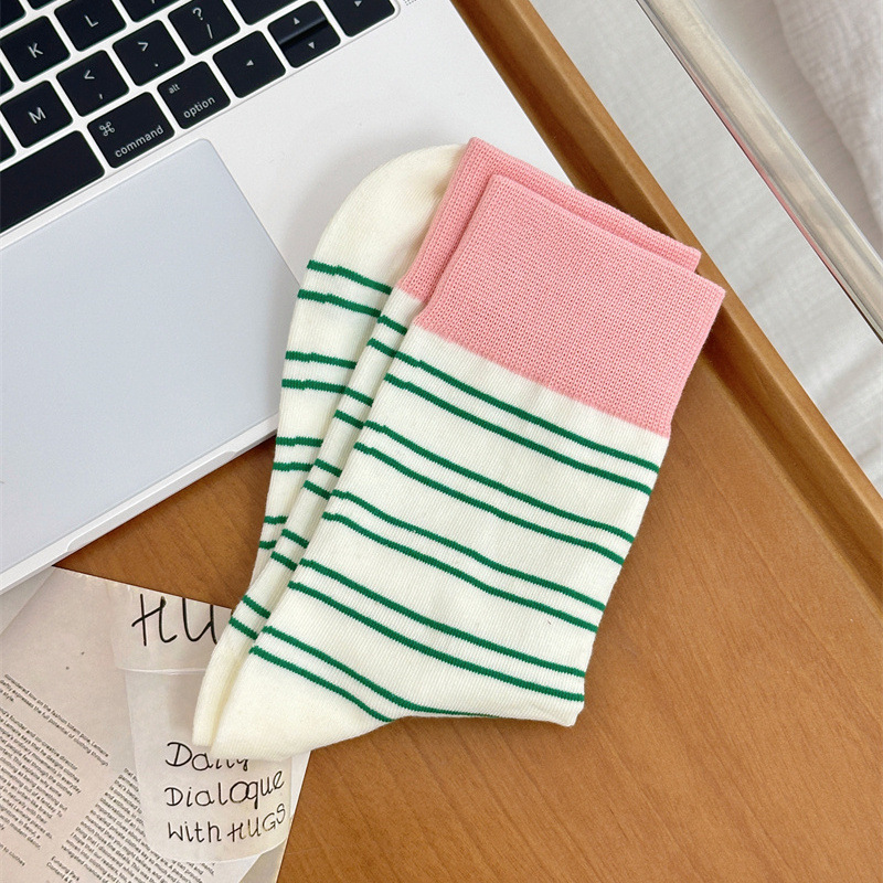 Women's Socks Spring and Autumn Outer Wear Contrast Color Stripes Women's Mid Tube Stockings Ins Trendy Japanese Color Matching Horizontal Stripes Women's Bunching Socks Cotton Socks