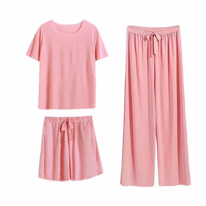 Ice Silk Three-Piece Pajamas Women's Summer New Loose Outfit Casual Short-Sleeved Trousers Fashion Home Wear Can Be Worn outside