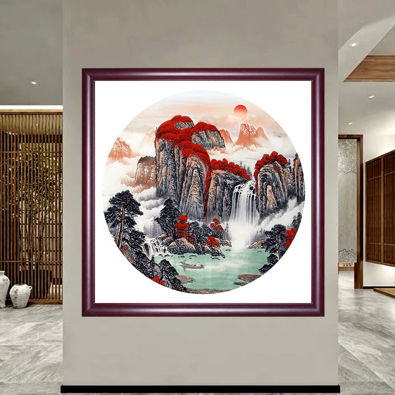 壁画装饰画鸿运当头山水画国画正方形客厅办公室风水挂画玄关中式