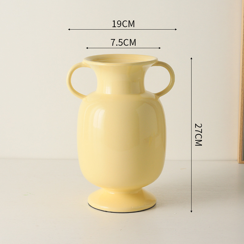 Simple Modern Milky Yellow Ceramic Binaural Vase Nordic Ins Style Flower Arrangement Desktop Decoration Crafts