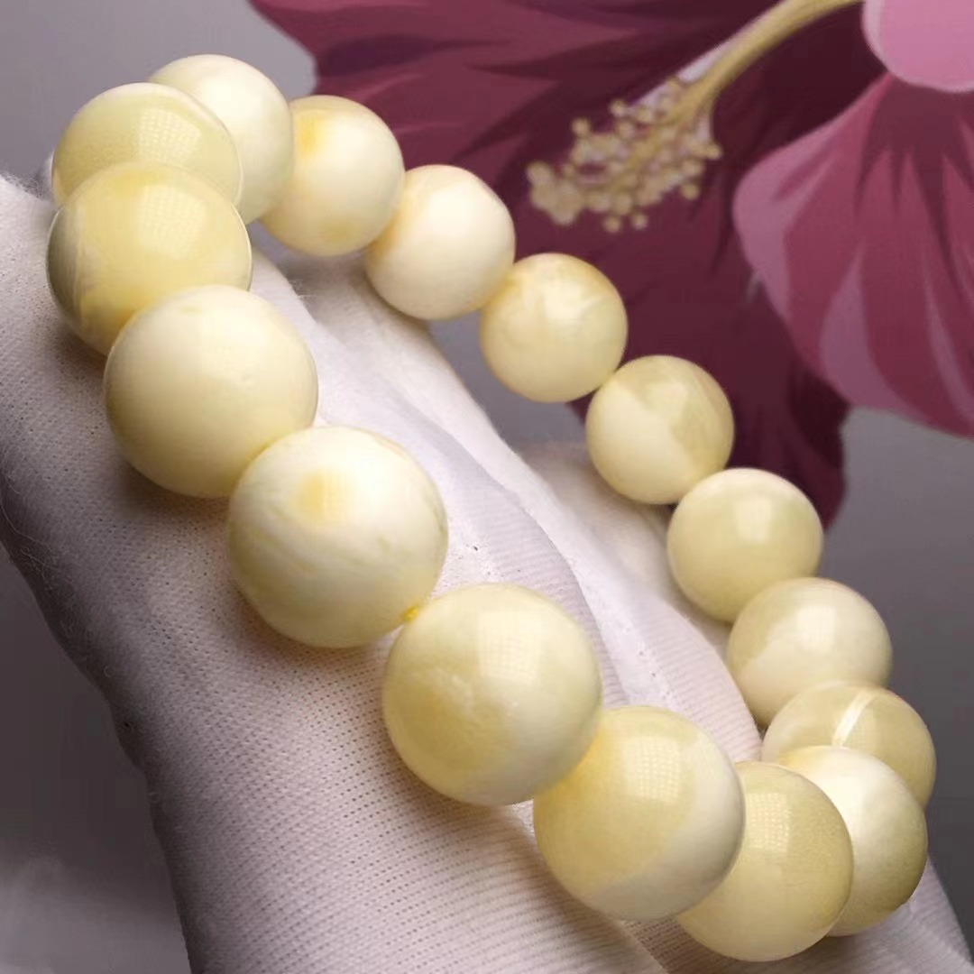 天然琥珀蜜蜡手串白花蜜瓷白蜡质浓郁单圈手链配饰林艺珠宝批发
