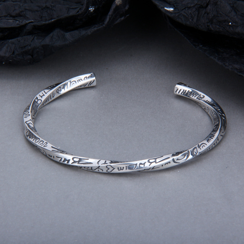 925纯银英文字母涂鸦图案男女同款扭转手镯 日韩个性潮流情侣手环