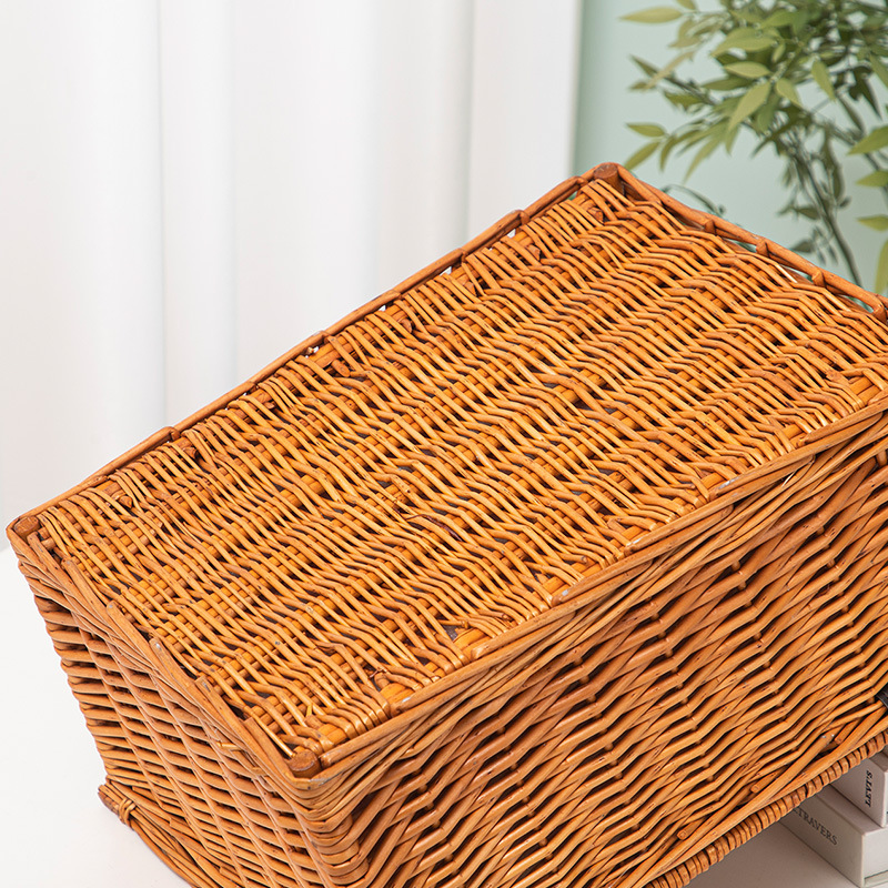 Outdoor Picnic Storage Basket Rattan Woven Rattan Woven Picnic Basket Fruit Basket Storage Basket with Lid and Tableware Picnic Basket Processing