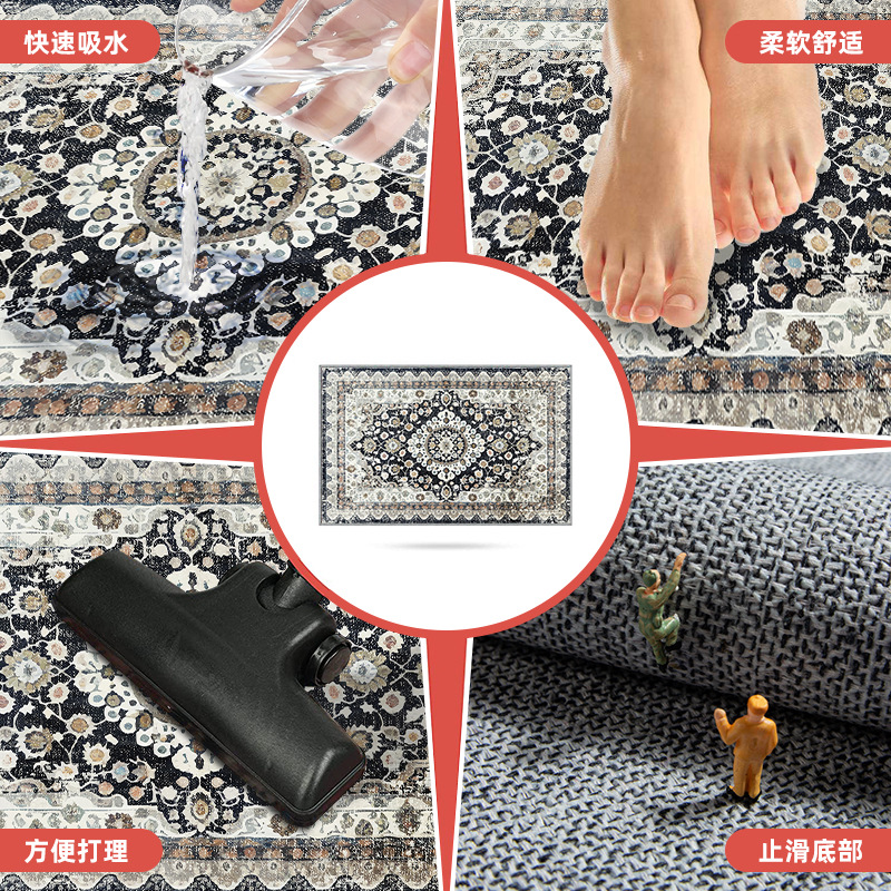 Living Room Retro Ethnic Style Wall-to-Wall Carpet Household Washed Bottom TPR Non-Slip Carpet Thickened Sofa Coffee Table Cushion