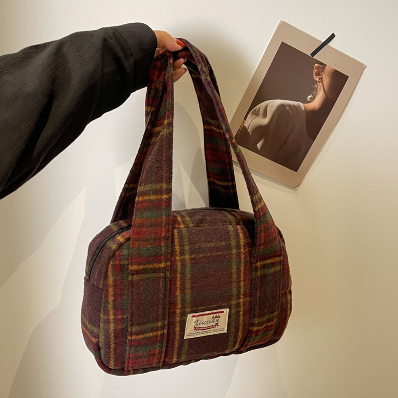 新款格子包秋冬呢子格纹托特包韩国单肩复古贝壳包英伦学院单肩包