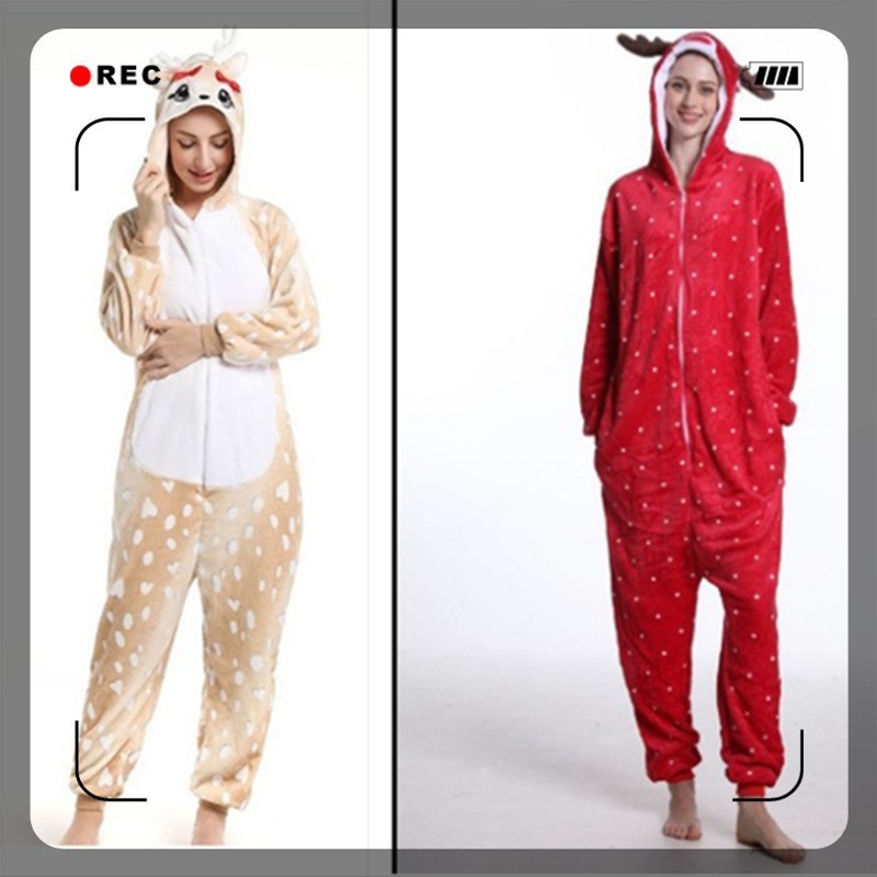 混批秋冬季法兰绒成人卡通连体动物睡衣红圣诞鹿加厚家居服如厕批