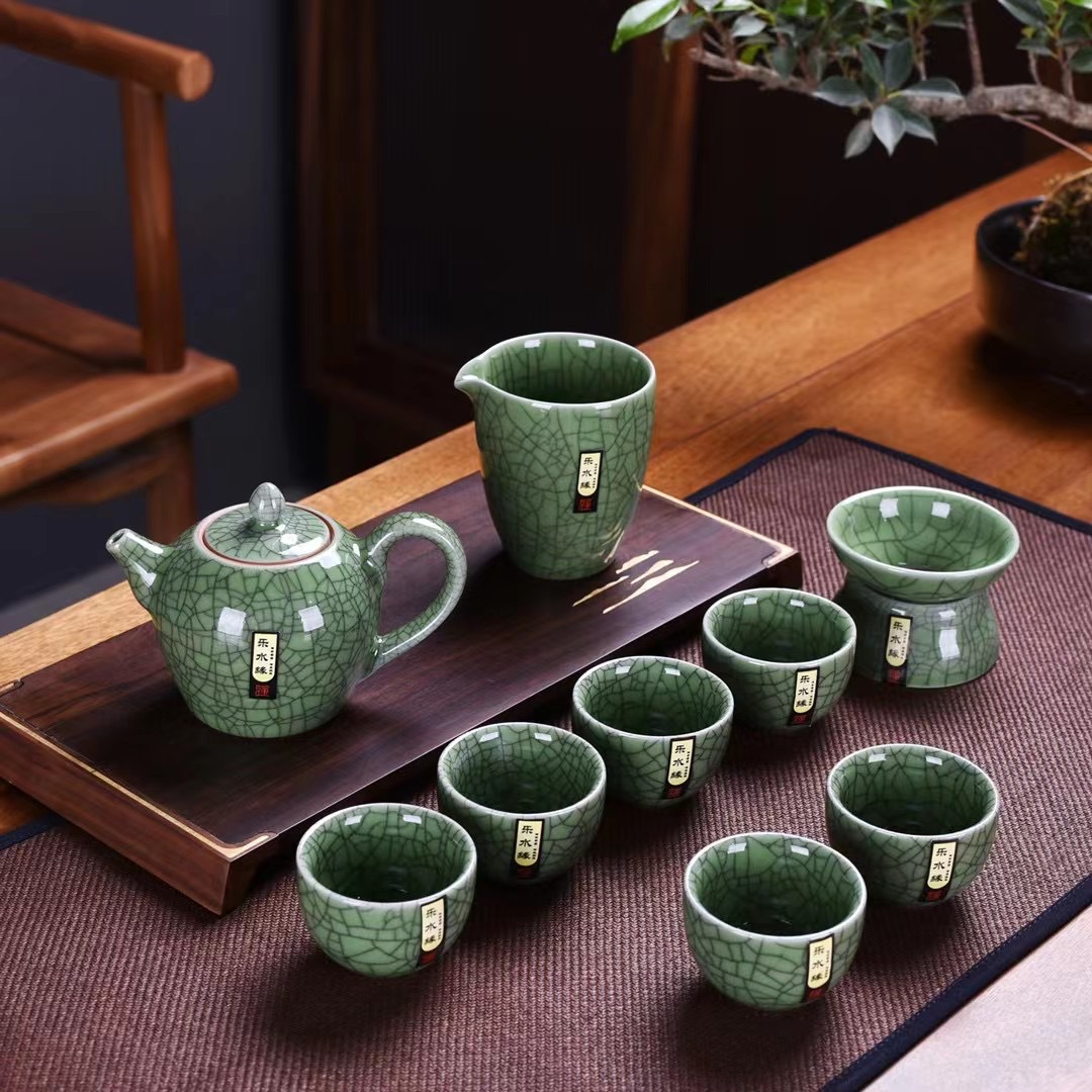 新款传世手造哥窑开片陶瓷茶具套装精美蝉翼纹日式茶壶茶杯礼品