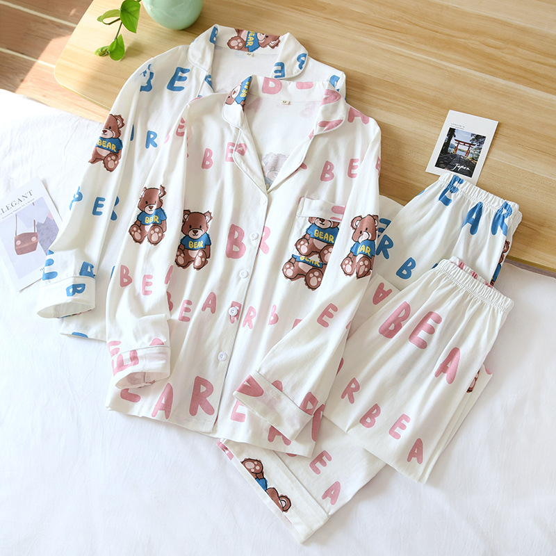 spring and autumn women‘s cotton home wear suit long-sleeved cardigan trousers printed knitted pure cotton pajamas student loose