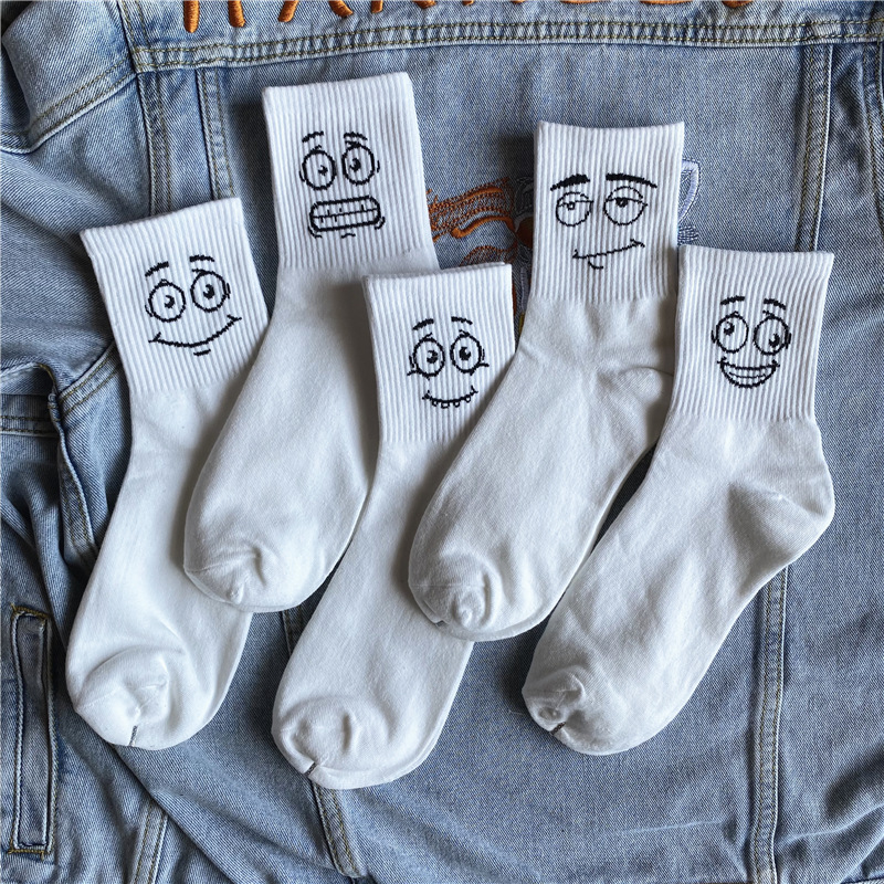 四季中筒袜子ins情侣个性百搭日系卡通图案表情笑脸袜子男-阿里巴巴