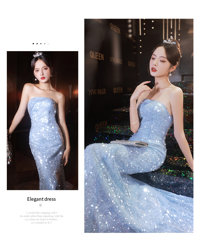 蓝色主持人礼服星空模特走秀人鱼裙敬酒服超仙成年礼轻奢年会亮片