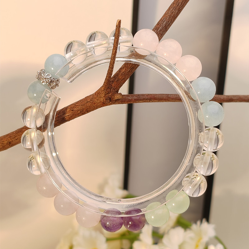 九紫离火紫水晶白水晶搭配海蓝宝粉晶手链女生日直播福利爆款设计