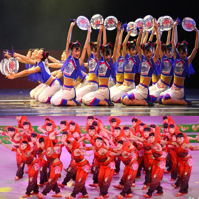 批发少儿舞蹈小嫚演出服群舞曼妞啊扭民族花仙子扇子舞茶姑娘女表