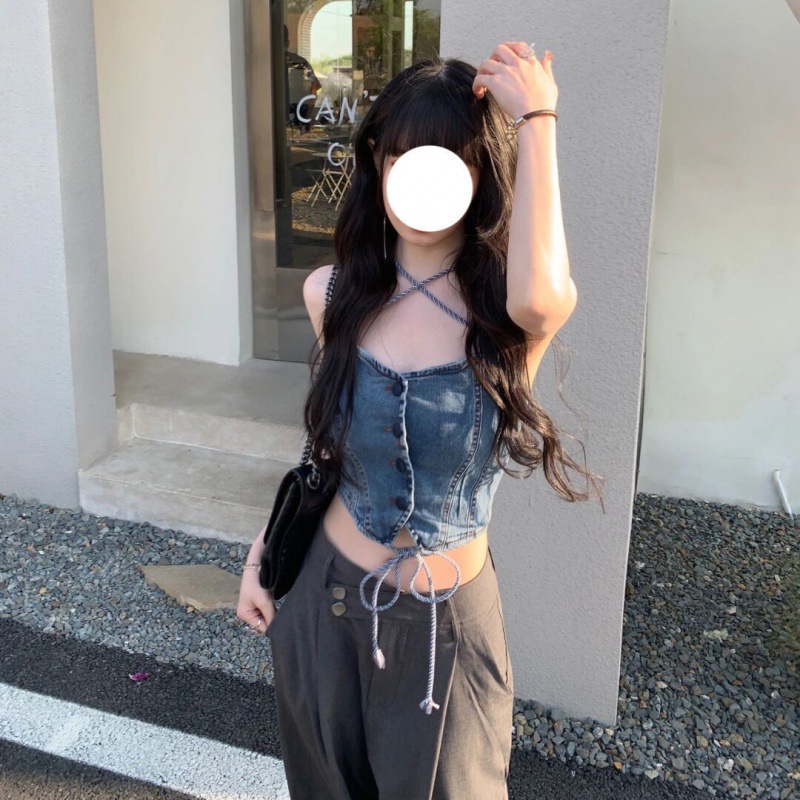 韩版短款牛仔吊带背心女2022夏季新款甜辣风辣妹绑带显瘦露脐欧美