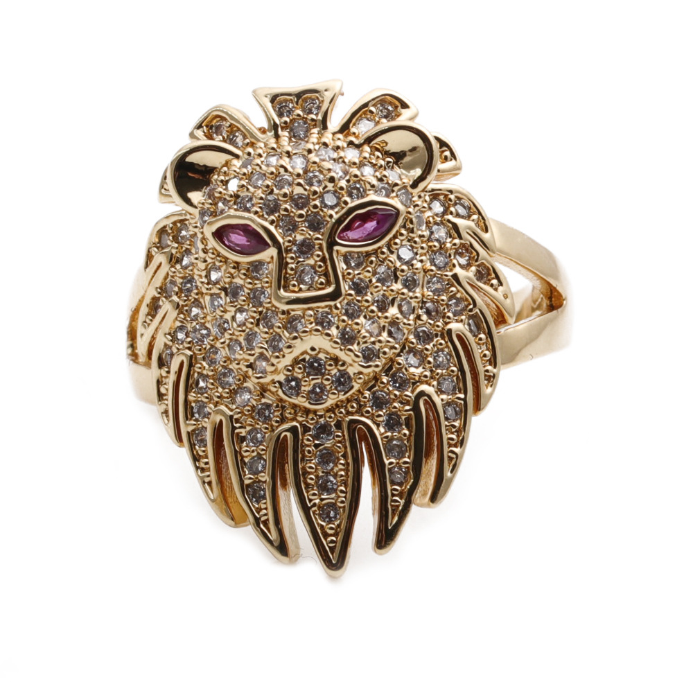 跨境欧美镶锆石狮子头戒指 金色个性星座狮子食指戒 ins指环女