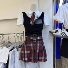 夏季美式学院风女高校供辣妹假两件马甲上衣格子百褶短裙两件套装