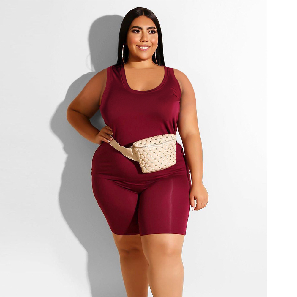 p5090 跨境欧美胖mm大码女装休闲纯色圆领背心短裤套装女1xl-4xl