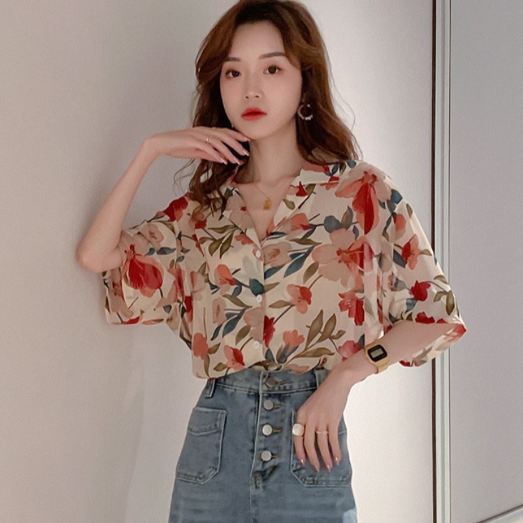 花花朵雪纺衬衫女图片