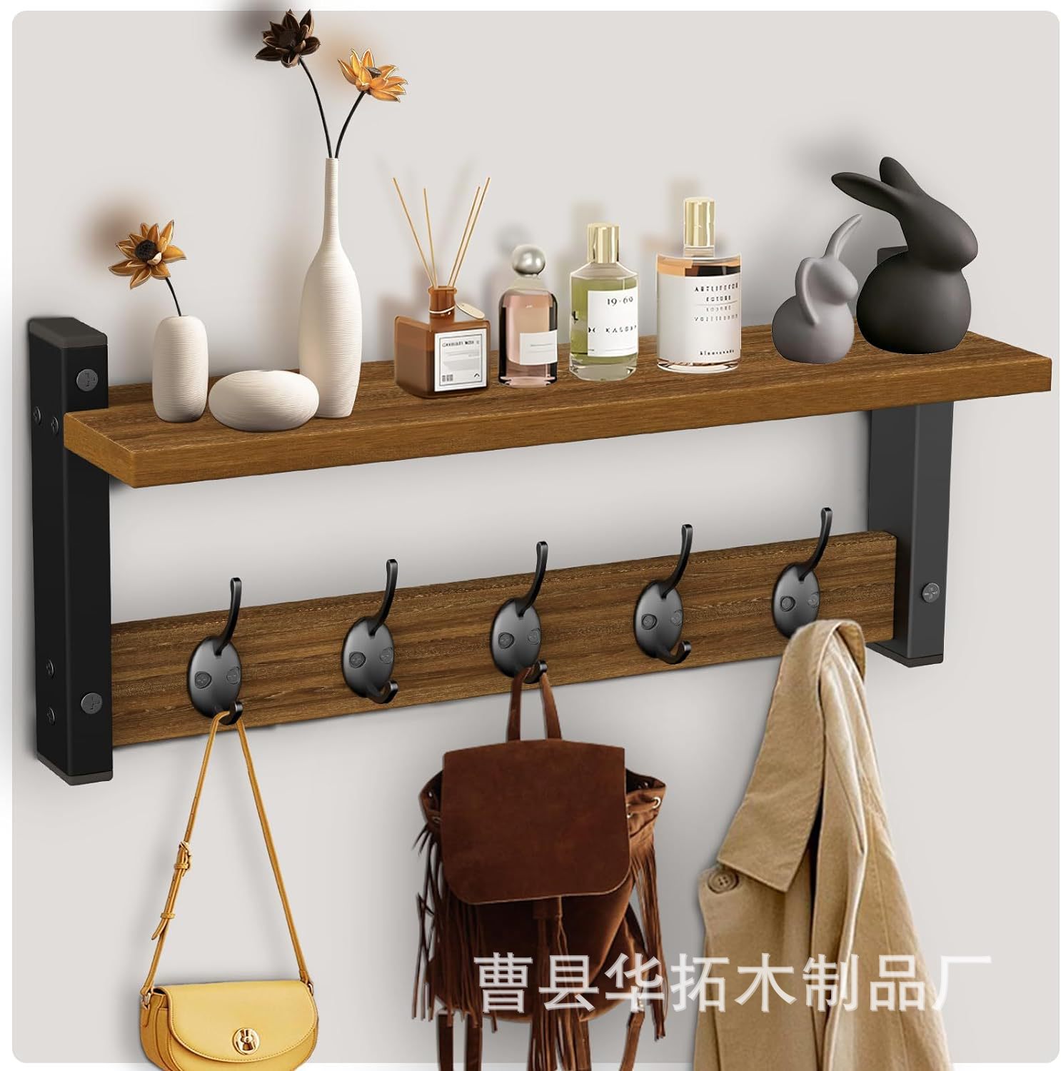 木质玄关收纳架墙面衣帽钥匙挂架浴室悬挂式储物架实木置物架