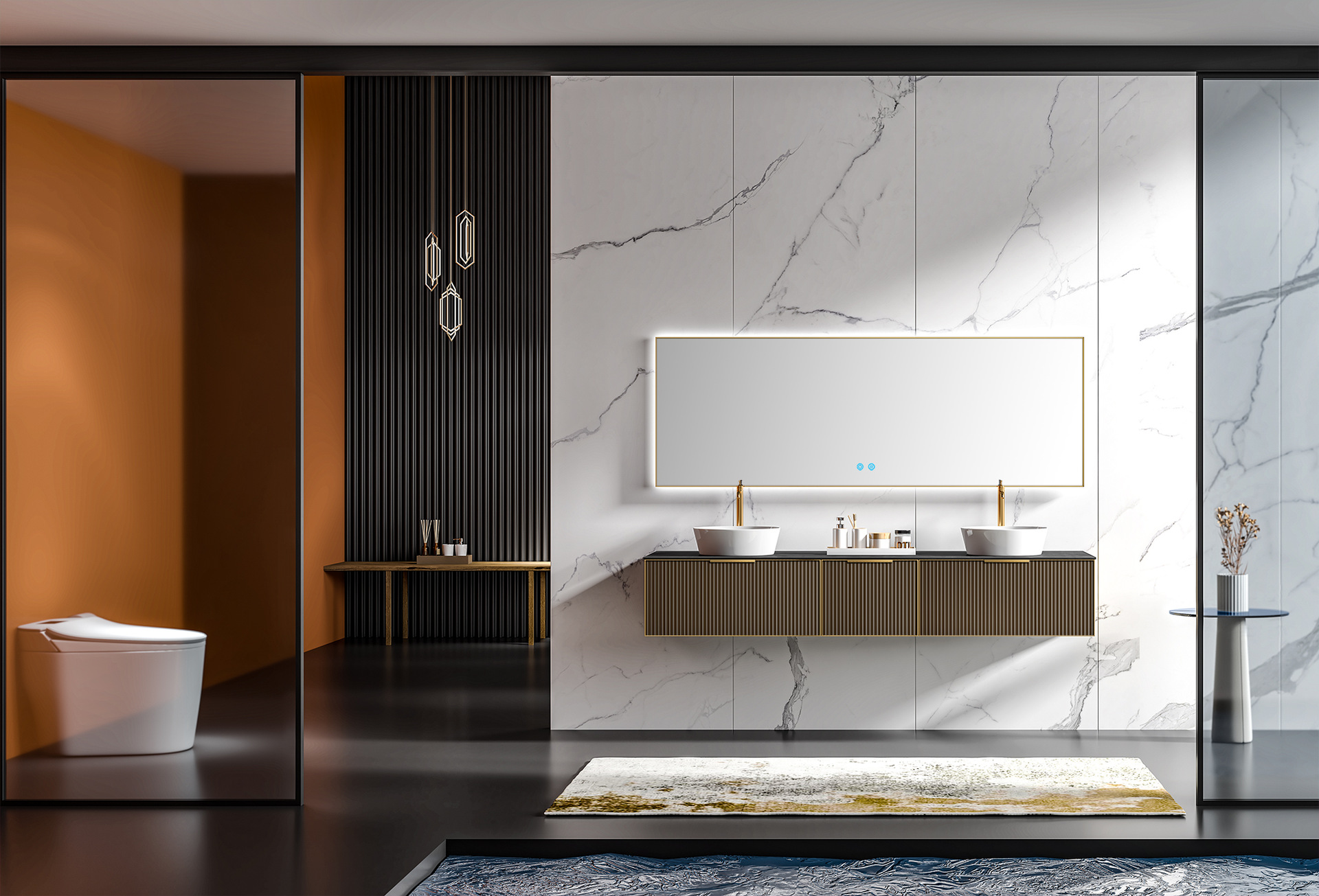 轻奢岩板一体盆卫浴橡木实木浴室柜挂墙式智能洗脸盆洗手池洗漱台