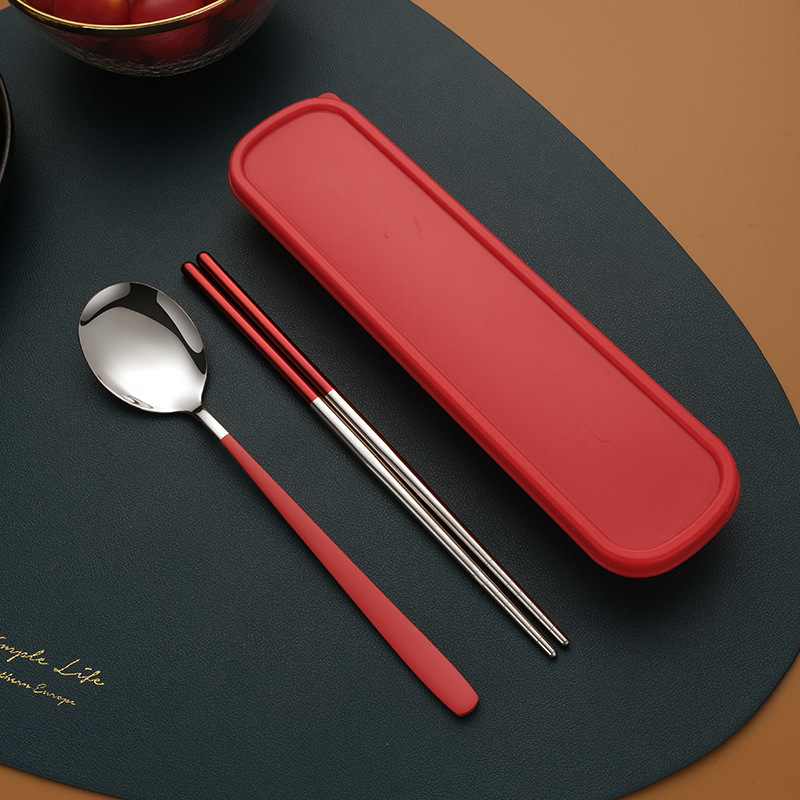 Stainless Steel Chopsticks Spoon Tableware Set Single Portable Storage Box Portable Cutlery Box Fork Three-Piece Set