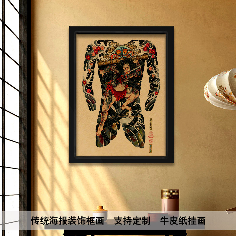 日式传统风格纹身满背手稿牛皮纸海报壁画框画水浒人物装饰画包邮