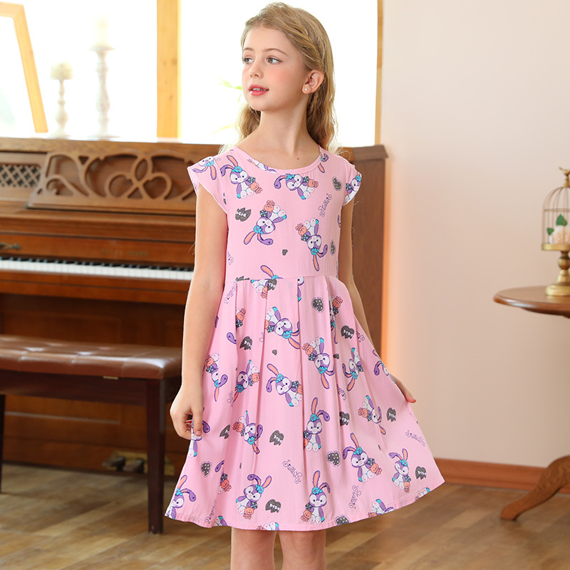 Girls' Dress Summer Little Fresh Cute Printed Skirt Girls' Sweet Sleeveless Cotton Silk Outerwear Nightdress