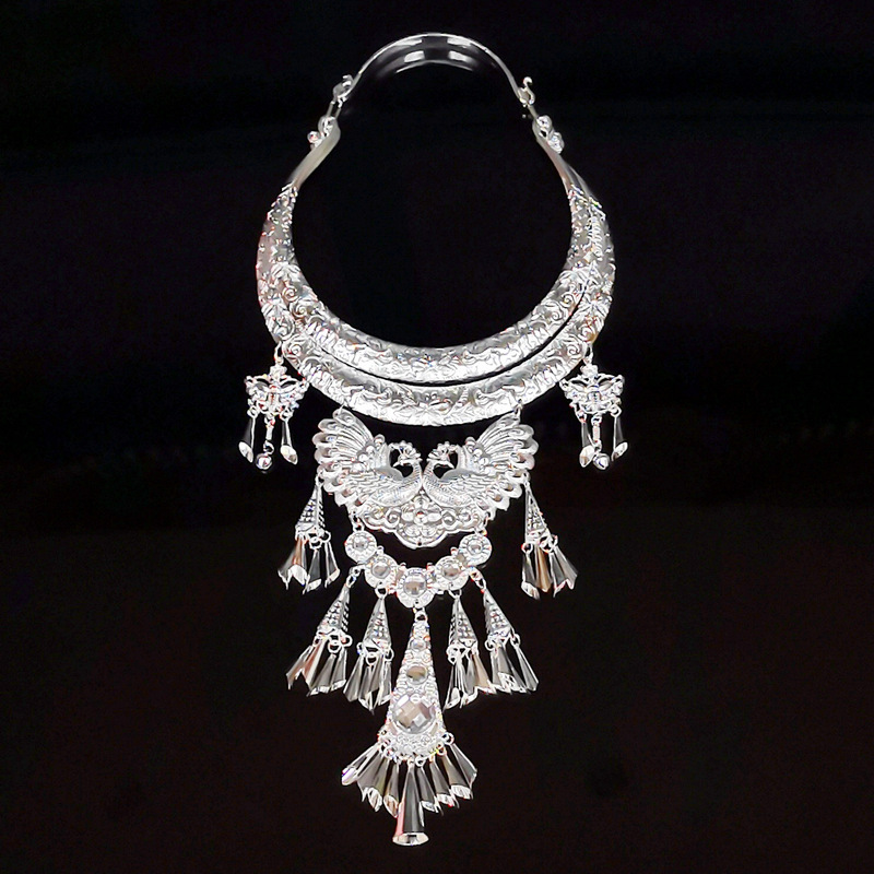 特色民族风苗银仿银孔雀凤凰云南复古项链舞台表演白色项圈项坠